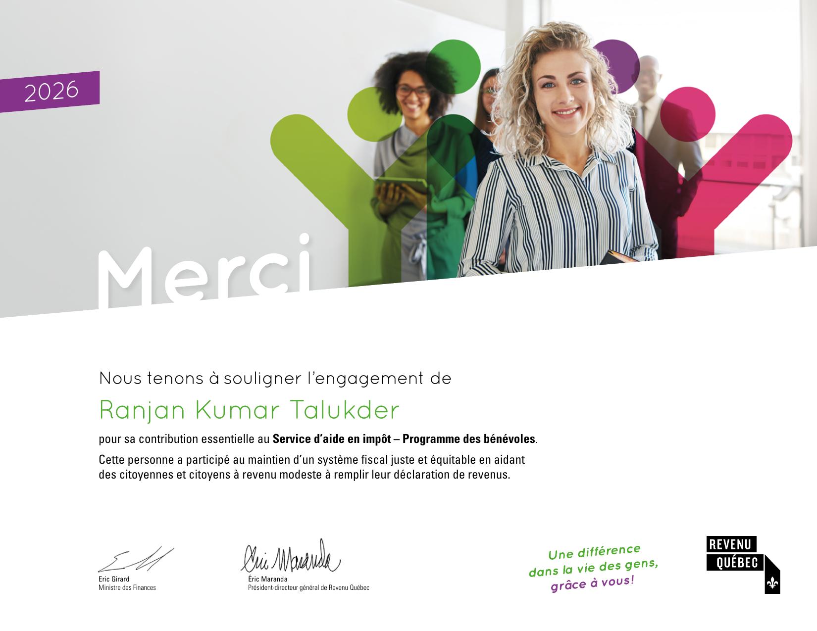 Revenu Québec certificate of appreciation for participation in the Income Tax Assistance – Volunteer Program.
