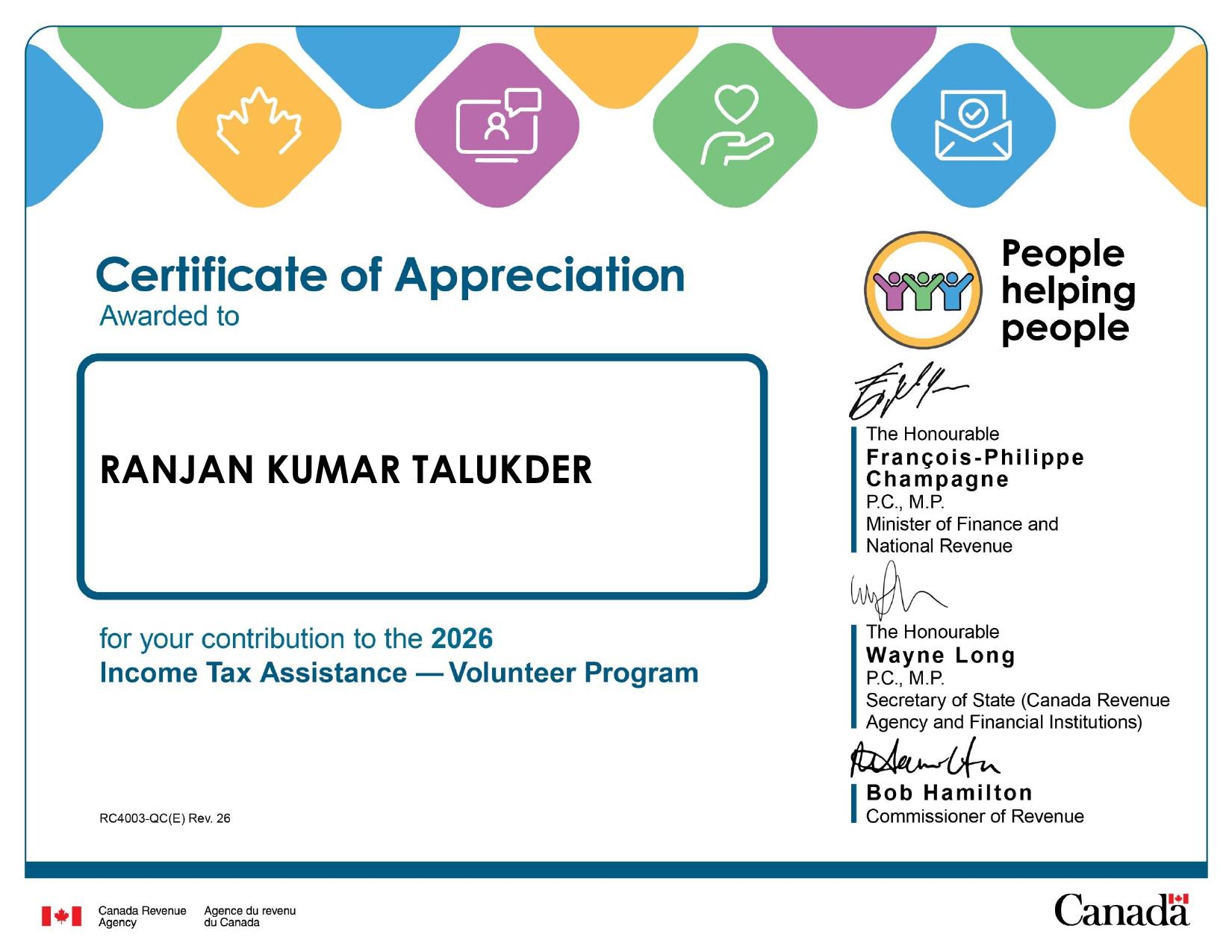 2026 Certificate of Appreciation awarded to Ranjan Kumar Talukder for his contribution to the Income Tax Assistance – Volunteer Program.