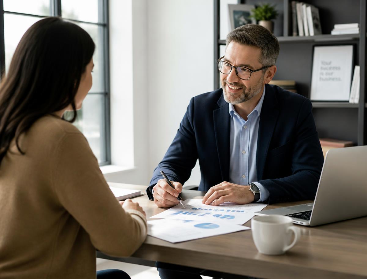 Advisor reviewing financial documents with a client at a desk
