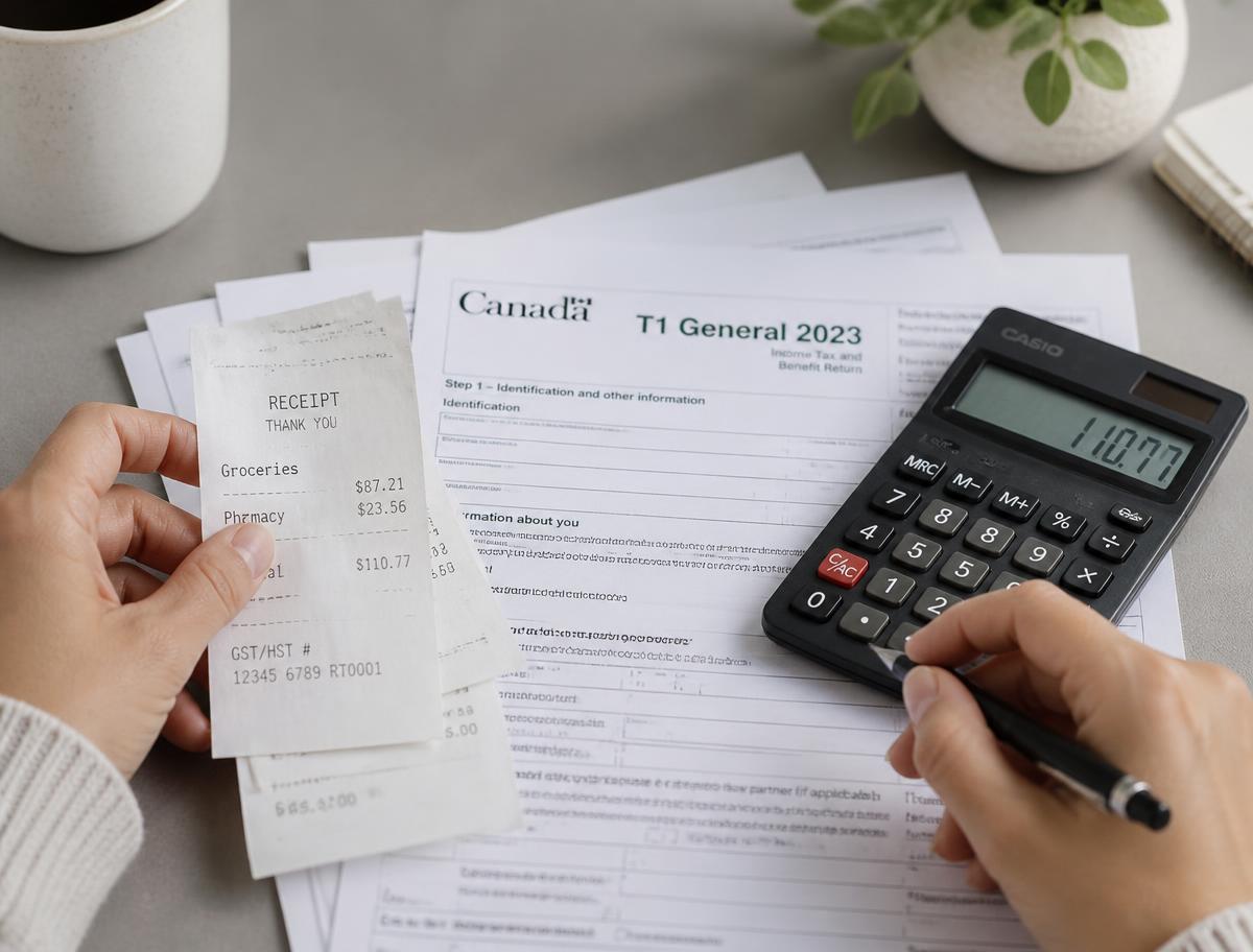 Canadian tax return paperwork, receipts and a calculator on a desk